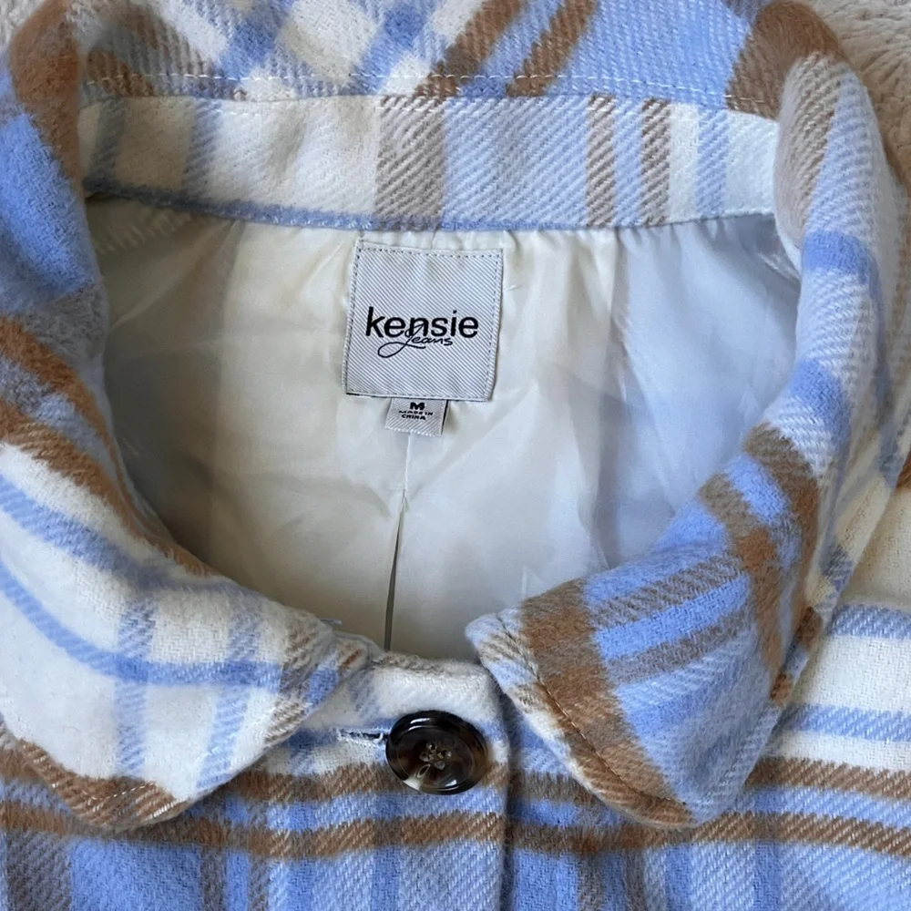 Kensie Jeans Plaid Shacket in Blue and Brown Women Size Medium